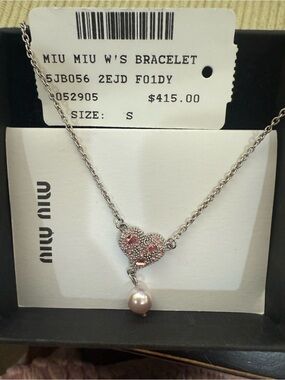Miu Miu Silver Heart bracelet with Pink Crystals and Pink Pearl Drop